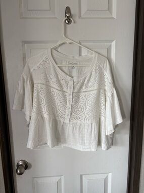 Pilcro White Crochet Button-Front Peplum Blouse